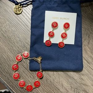 Tory Burch Red and Gold earrings and bracelet set. NWOT